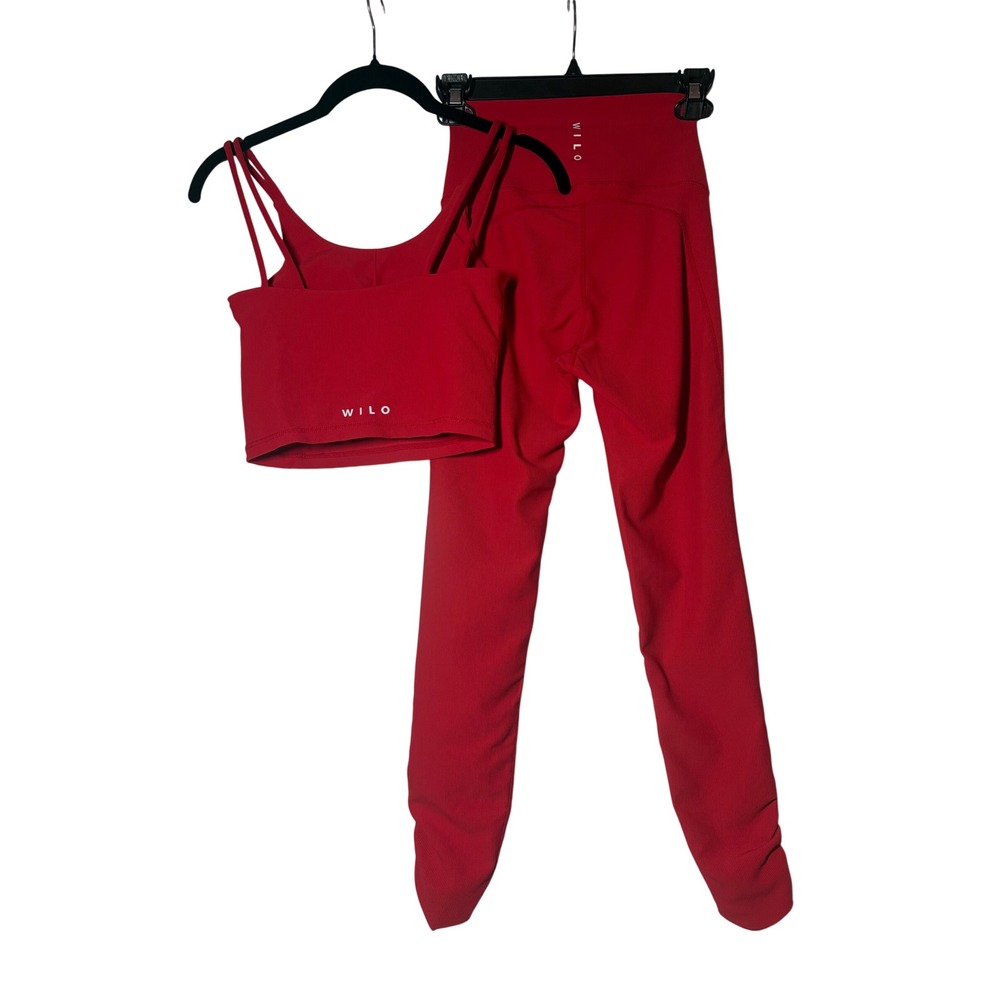 WILO Red Ribbed 2 Piece Activewear Set Strappy Crop Top Ruched Leggings - XS